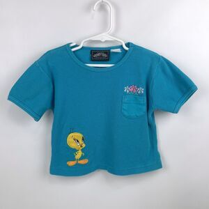 VTG 1998 Tweety Bird Looney Tunes Waffle Knit Pocket Crop Baby Blue Tee 4T/5T